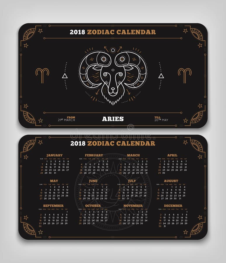 Aries 2018 Year Zodiac Calendar Pocket Size Horizontal Layout Stock