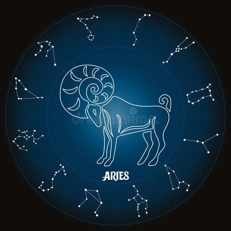 Aries Zodiac Sign in Astrological Circle with Zodiac Constellations ...