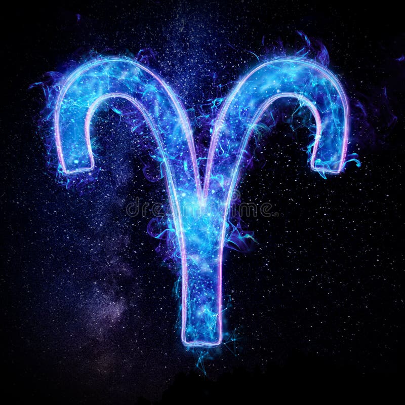Aries Zodiac Sign Icon, Blue Neon Hologram on a Dark Background of the ...