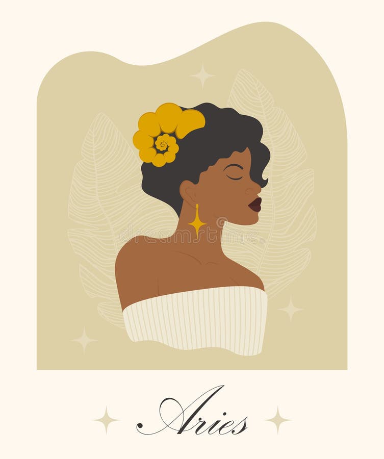 Aries Zodiac Sign Woman with Cute Horns Illustration. Afroamerican Lady ...