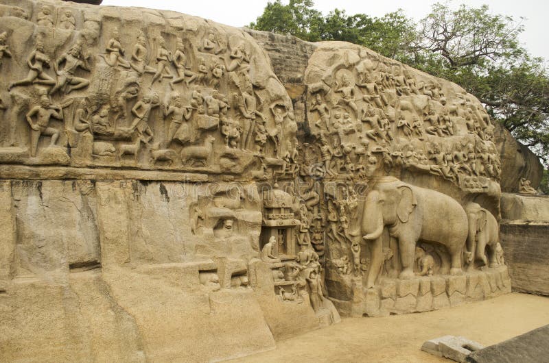 Arjunas Buße bei Mahabalipuram, Tamil Nadu, Indien, Asien lizenzfreies stockbild Arjunas Buße bei Mahabalipuram, Tamil Nadu, Indien, Asien lizenzfreies stockbild
