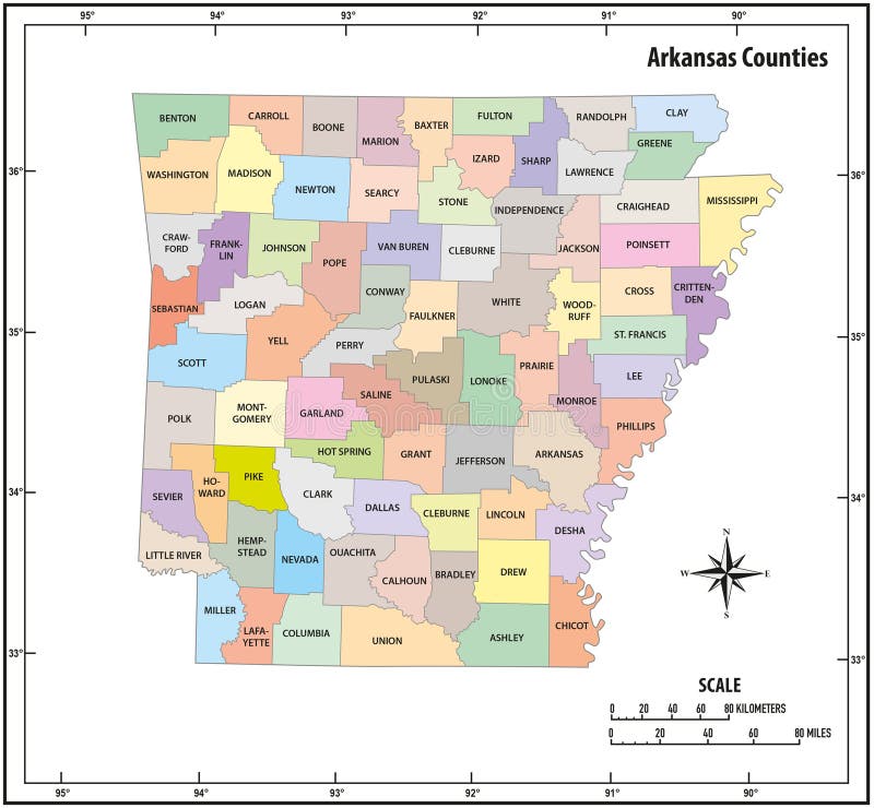 Arkansas State Outline Administrative and Political Vector Map in Color