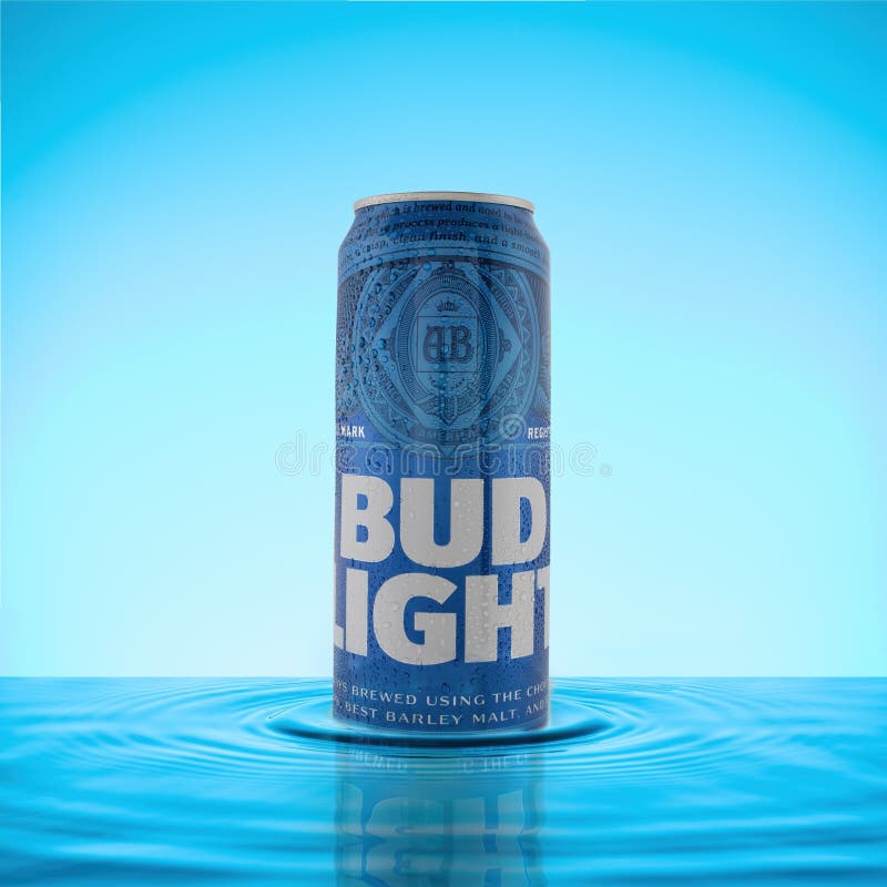 Bud Light american beer blue can chilled in water droplets on a blue background