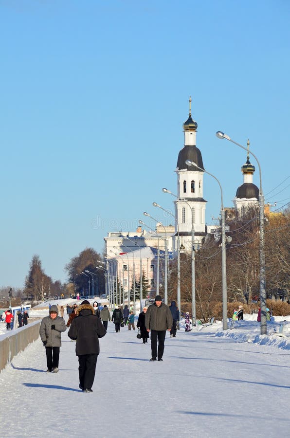 Arkhangelsk, Russia, February, 20, 2018. People Walking Along The ...