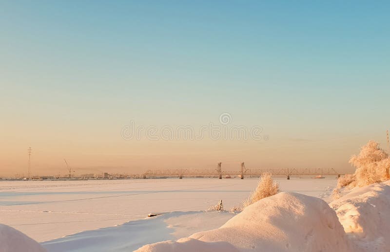 Arkhangelsk. Sunny Winter Day. January. Railway Bridge Stock Photo ...