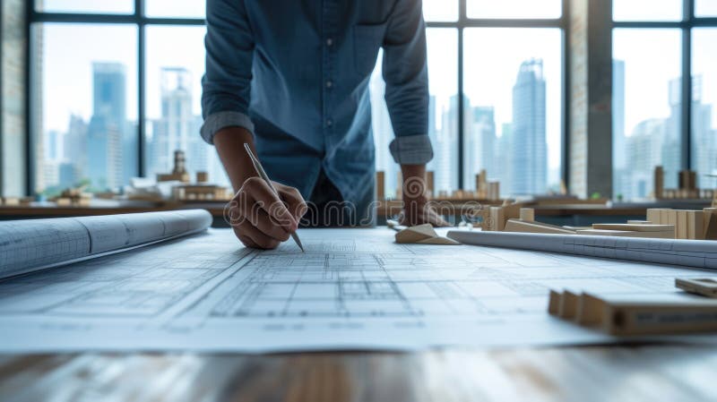 An architect meticulously examines construction blueprints on a desk within a sleek, contemporary office space. AIG41 AI generated. An architect meticulously examines construction blueprints on a desk within a sleek, contemporary office space. AIG41 AI generated