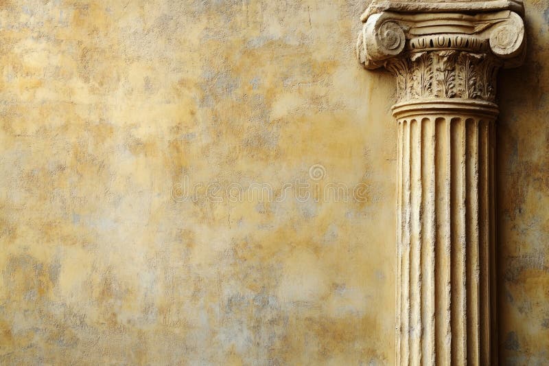 Arkitekturdetalj som visar en jonisk kolumn mot en texturerad vägg som blandar klassisk elegans med rustik charm