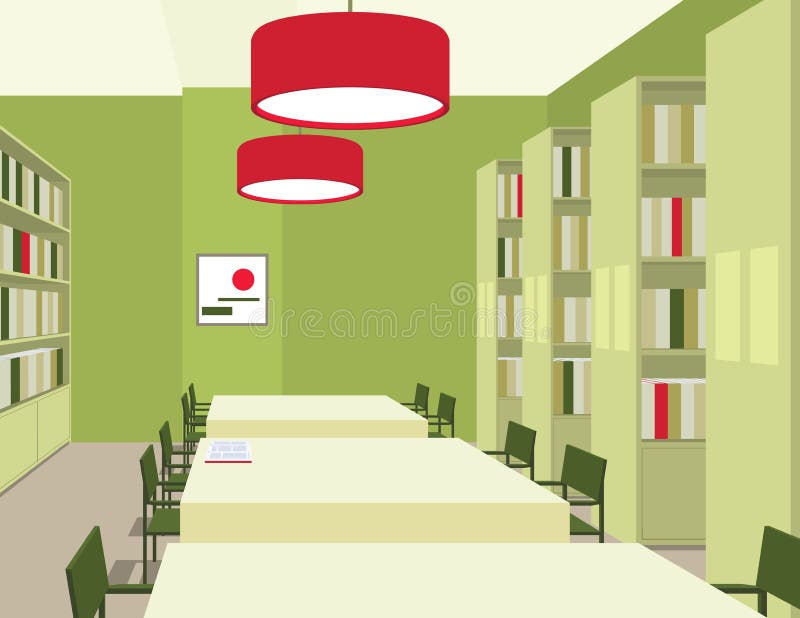 Arkivinre med tabeller, stolar, bokhyllor, ljus Vit bakgrund Töm utrymme vektor stock illustrationer Arkivinre med tabeller, stolar, bokhyllor, ljus Vit bakgrund Töm utrymme vektor stock illustrationer