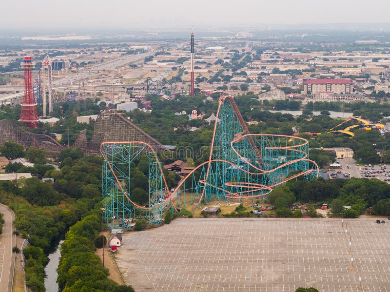 Arlington, TX, USA - March 15, 2019: Aerial image of an amusement park in Arlington Texas Six Flags. Arlington, TX, USA - March 15, 2019: Aerial image of an amusement park in Arlington Texas Six Flags