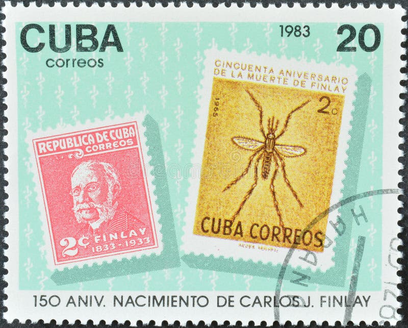 Cancelled postage stamp printed by Cuba, that shows Carlos J. Finlay (1833-1915), Epidemiologist, 150th anniversary of the birth of Carlos J. Finlay, circa 1983. Cancelled postage stamp printed by Cuba, that shows Carlos J. Finlay (1833-1915), Epidemiologist, 150th anniversary of the birth of Carlos J. Finlay, circa 1983.