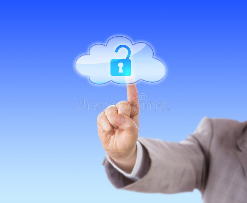 Arm of a manager in light grey business suit is reaching out to touch an open lock icon in a virtual cloud with his right index finger. Technology concept for open access and secure cloud computing. Arm of a manager in light grey business suit is reaching out to touch an open lock icon in a virtual cloud with his right index finger. Technology concept for open access and secure cloud computing.