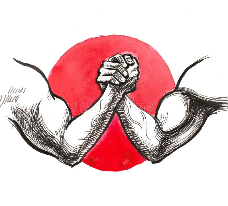 Wrestling arms. Ink and watercolor illustration. Wrestling arms. Ink and watercolor illustration