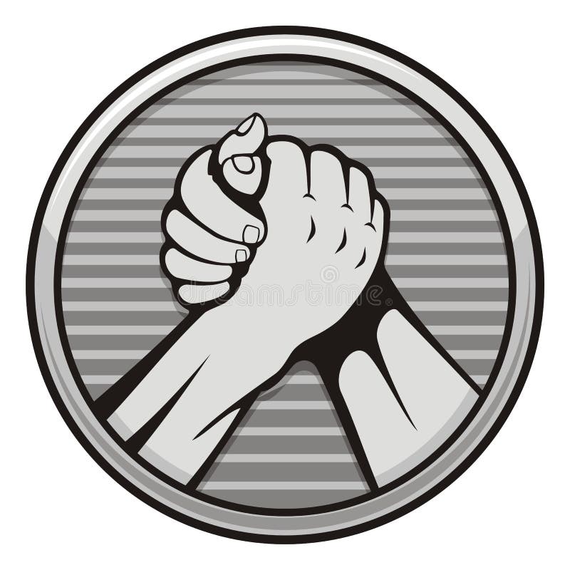 Two hands icon in arm wrestling, gray round medal isolated on white background. Two hands icon in arm wrestling, gray round medal isolated on white background.