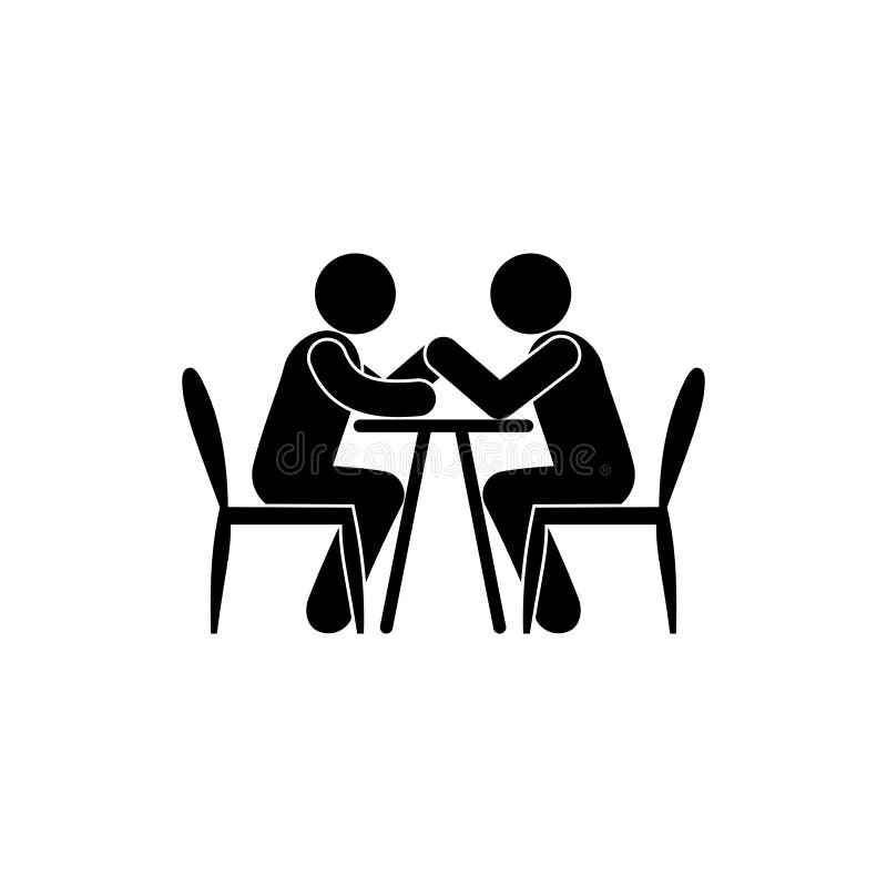 Arm wrestling icon, stick figure pictogram man, isolated human silhouettes sitting at the table