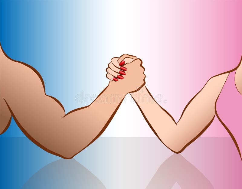 Arm wrestling of woman and man as a symbol for gender showdown. vector illustration on pink and blue gradient. Arm wrestling of woman and man as a symbol for gender showdown. vector illustration on pink and blue gradient.