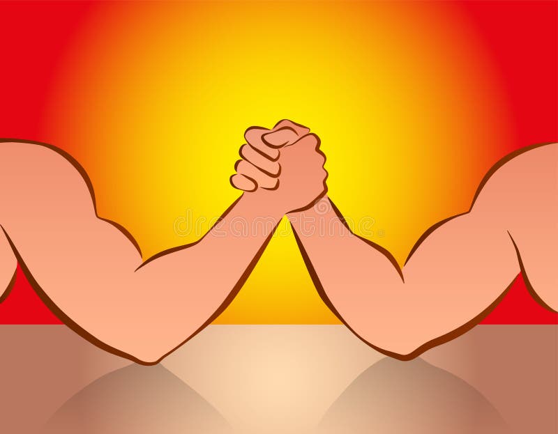 Strong male arms in a wrestling competition. Vector illustration on red-orange gradient background. Strong male arms in a wrestling competition. Vector illustration on red-orange gradient background.