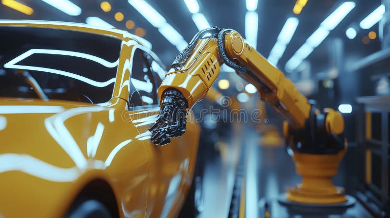 Arma robotica automatizzata che vernice rapidamente un'auto gialla. Un braccio automatizzato con una griglia robotica dipinge un'auto gialla in un ambiente industriale che raffigura la moderna tecnologia di fabbricazione