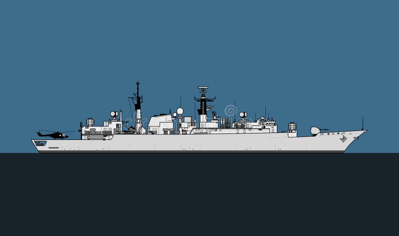 Armada Real Fragata tipo 22 lote III de tipo de banda ancha Buque de escolta naval Silhouette de un barco militar moderno. Buque de escolta naval Silhouette de un barco militar moderno Imagen vectorial para ilustraciones e infografías