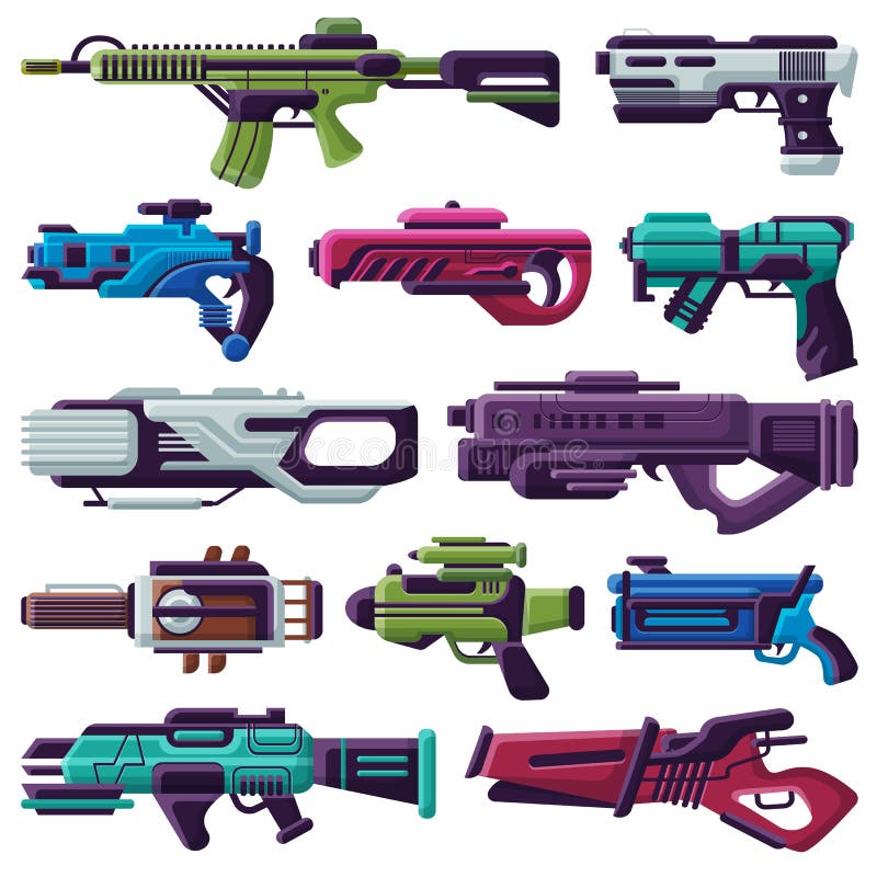 Blaster de brinquedo de arma dos desenhos animados para crianças jogo com  revólver e raygun de alienígenas no conjunto de ilustração do espaço de  pistolas de criança e arma laser, isolada no