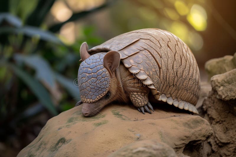 Armadillo subiendo en posición defensiva cerca de la cámara imagenes de archivo