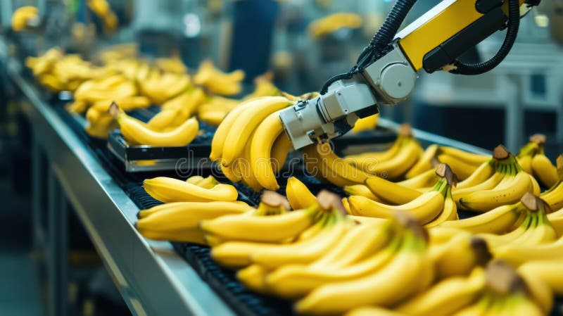 Armamento robotico per la cernita delle banane in una fabbrica ad alta tecnologia che mostra la moderna lavorazione degli alimenti illustrazione vettoriale