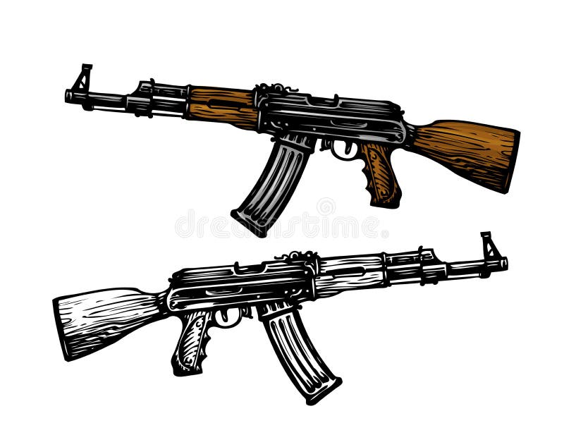 Armamento, símbolo del armamento Máquina automática AK 47 Rifle de asalto del Kalashnikov, bosquejo Ilustración del vector