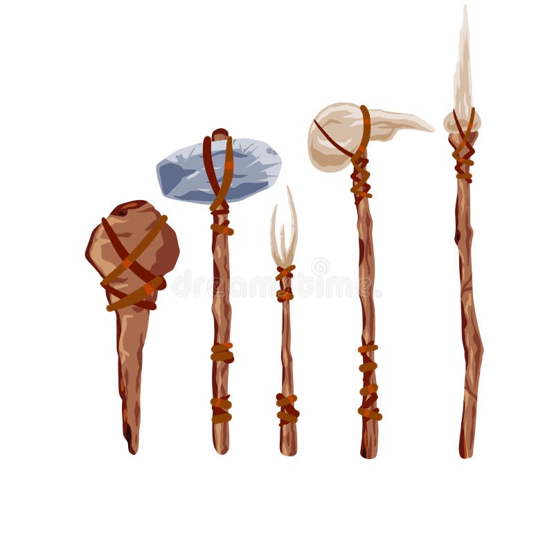 conjunto de herramientas y armas de el cavernícola. arco, flecha, collar,  cráneo, jarra, fuego, columna vertebral