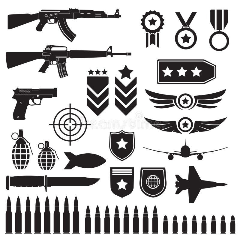 Armas y sistema de los militares Ametralladoras sub, pistola e iconos negros de las balas aislados en el fondo blanco Symbolics e stock de ilustración Armas y sistema de los militares Ametralladoras sub, pistola e iconos negros de las balas aislados en el fondo blanco Symbolics e stock de ilustración