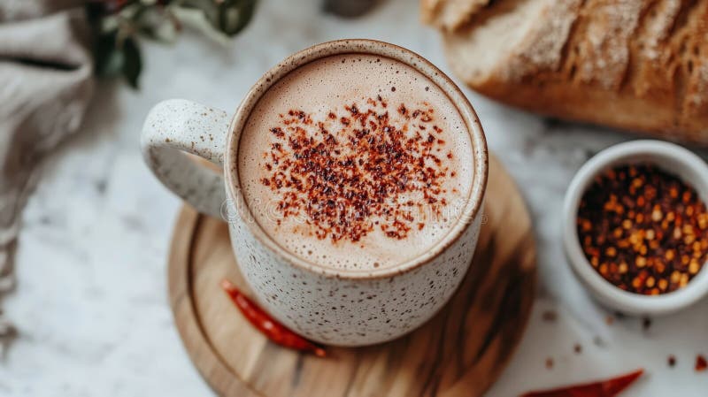 Armato di latte speziato aromatico con fiocchi di peperoncino su tavola di caffé rustico bevanda calda e pane rustico illustrazione di stock