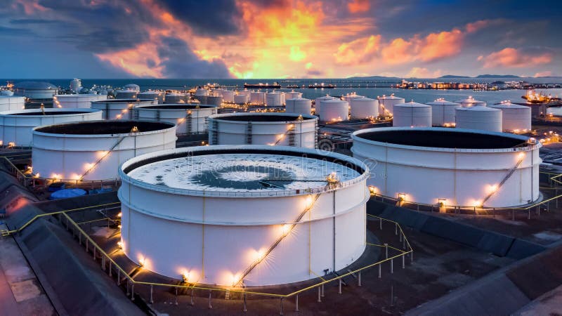 Armazenamento de produtos químicos como petróleo, gasolina, gás, terminal de tanques de armazenamento de petróleo com vista aérea