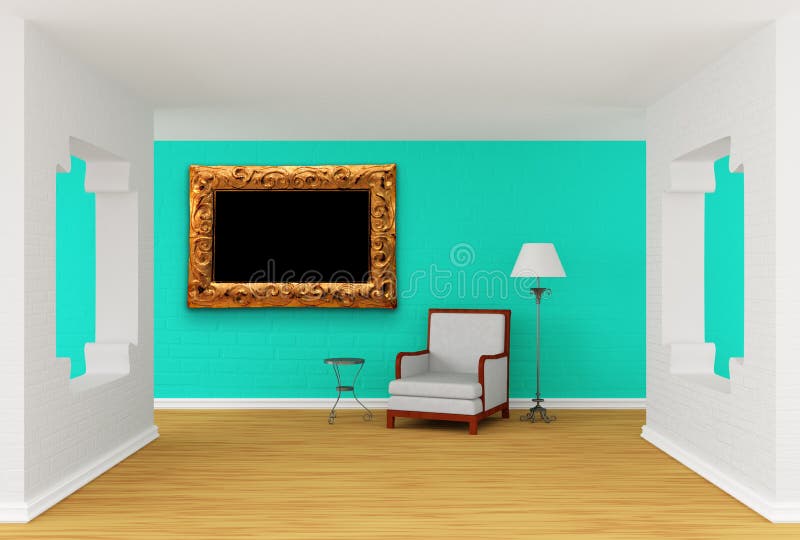 Armchair, table and lamp in modern gallery royalty free illustration