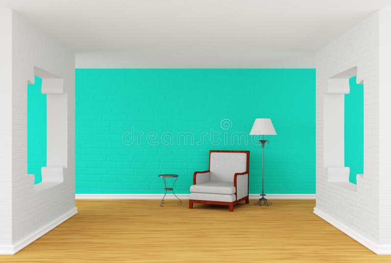 Armchair, table and lamp in modern gallery stock illustration