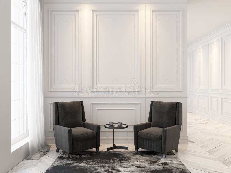 Armchairs and coffee table in classic white interior. 3D render interior mock up.