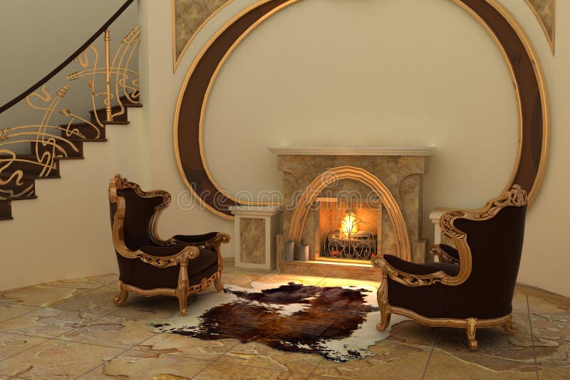 Armchairs by fireplace in modern interior. Home related. Luxurious old styled apartment. Hotel. Hall. Relaxation.