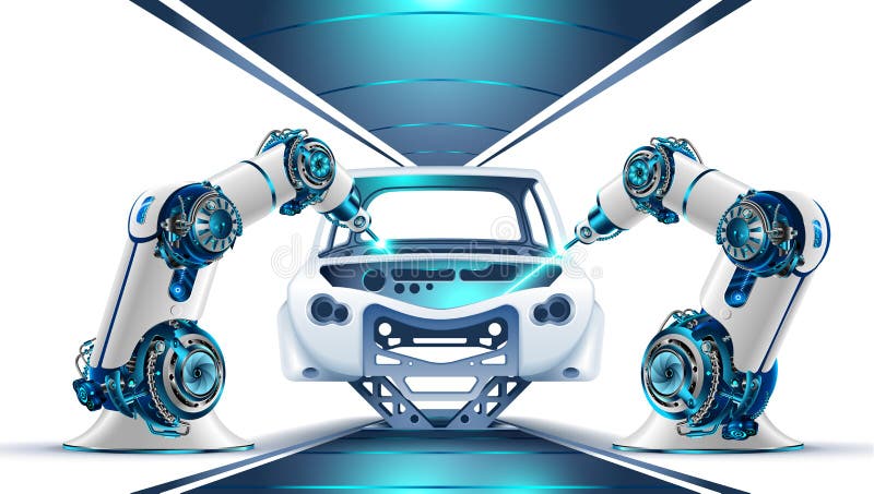 Arme robotizate. fabrică mașini. sudură robotică industrială. mașină pe linie de asamblare. vector illustration