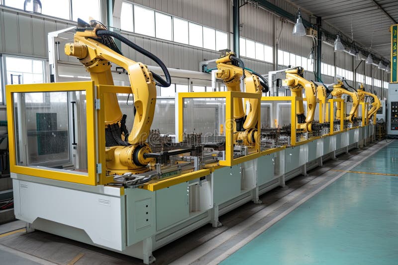 Arme robotizate pe linia de asamblare. transportor automat în fabrică. creat cu ajutor generativ. ai generativ.