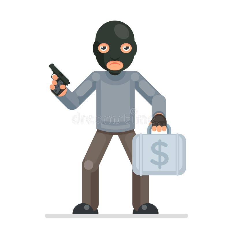 Armed robbery stole money suitcase evil greedily thief cartoon rogue bulgar character flat design isolated vector vector illustration Armed robbery stole money suitcase evil greedily thief cartoon rogue bulgar character flat design isolated vector vector illustration