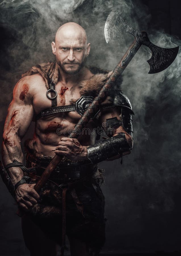 Armed with Two Handed Axe Dangerous Bald Viking Warrior Stock Photo ...