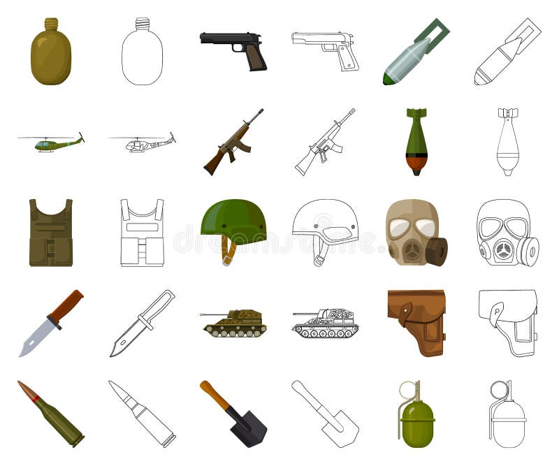 Armee und Bewaffnungskarikatur, Entwurfsikonen in gesetzter Sammlung für Entwurf Waffen und Ausrüstungsvektorsymbolvorratnetz stock abbildung Armee und Bewaffnungskarikatur, Entwurfsikonen in gesetzter Sammlung für Entwurf Waffen und Ausrüstungsvektorsymbolvorratnetz stock abbildung