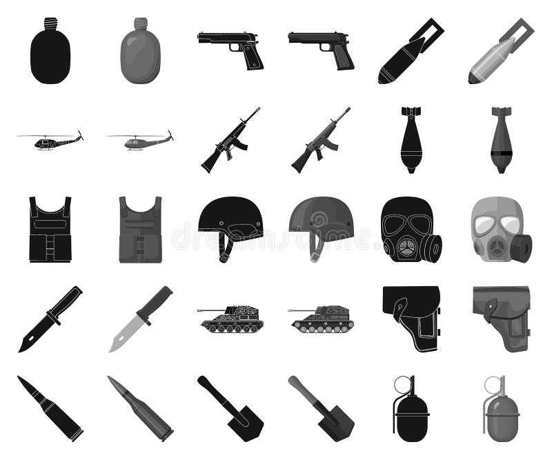 Armee- und Bewaffnungsschwarzes, einfarbige Ikonen in gesetzter Sammlung für Entwurf Waffen und Ausrüstungsvektorsymbolvorratnetz vektor abbildung Armee- und Bewaffnungsschwarzes, einfarbige Ikonen in gesetzter Sammlung für Entwurf Waffen und Ausrüstungsvektorsymbolvorratnetz vektor abbildung