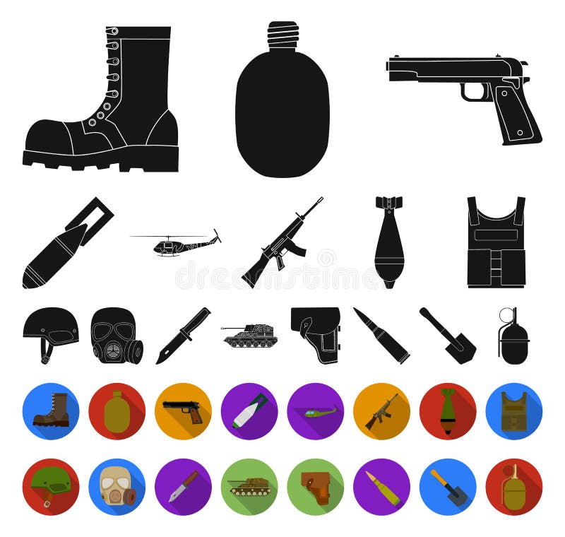Armee- und Bewaffnungsschwarzes, flache Ikonen in gesetzter Sammlung für Entwurf Waffen und Ausrüstungsvektorsymbolvorratnetz vektor abbildung Armee- und Bewaffnungsschwarzes, flache Ikonen in gesetzter Sammlung für Entwurf Waffen und Ausrüstungsvektorsymbolvorratnetz vektor abbildung