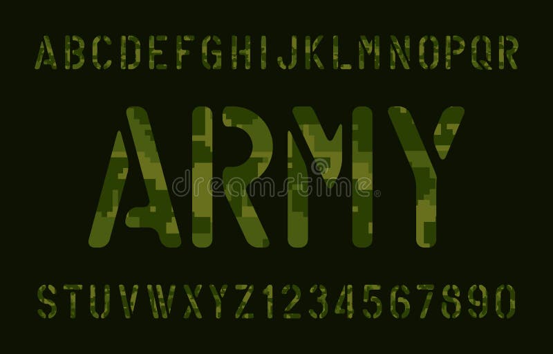 Army alphabet font. Stencil pixel camouflage letters and numbers on a dark background. Vector typescript for your design. Army alphabet font. Stencil pixel camouflage letters and numbers on a dark background. Vector typescript for your design.