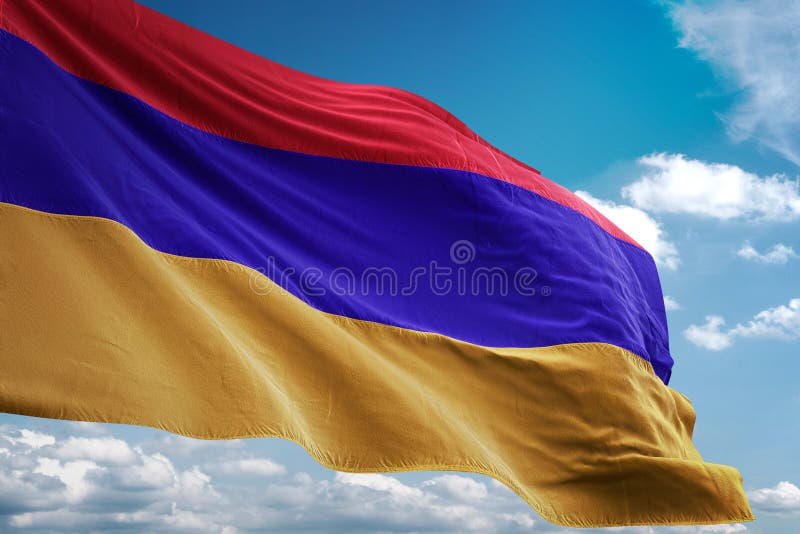 Armenia flaga państowowa falowania niebieskiego nieba tła realistyczna 3d ilustracja ilustracja wektor Armenia flaga państowowa falowania niebieskiego nieba tła realistyczna 3d ilustracja ilustracja wektor