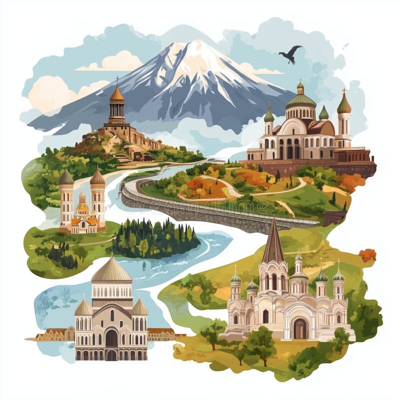 Armenia Travel Collage : Architektoniczne punkty orientacyjne i góra Ararat ilustracja wektor