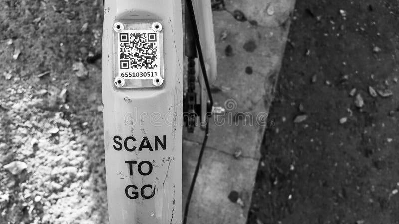 ARMENIA, YEREVAN-OCTOBER 15, 2020. A city Bicycle wheel with an inscription on it, a transition scan, and a QR code icon. The stock image