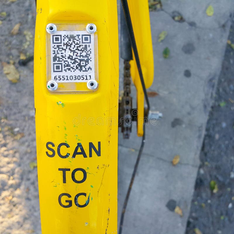ARMENIA, YEREVAN-OCTOBER 15, 2020. A city Bicycle wheel with an inscription on it, a transition scan, and a QR code icon. The royalty free stock image