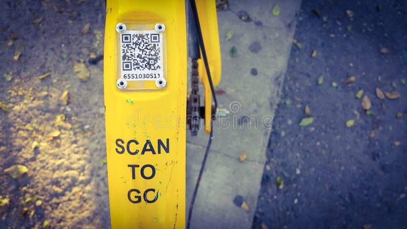 ARMENIA, YEREVAN-OCTOBER 15, 2020. A city Bicycle wheel with an inscription on it, a transition scan, and a QR code icon. The stock photography