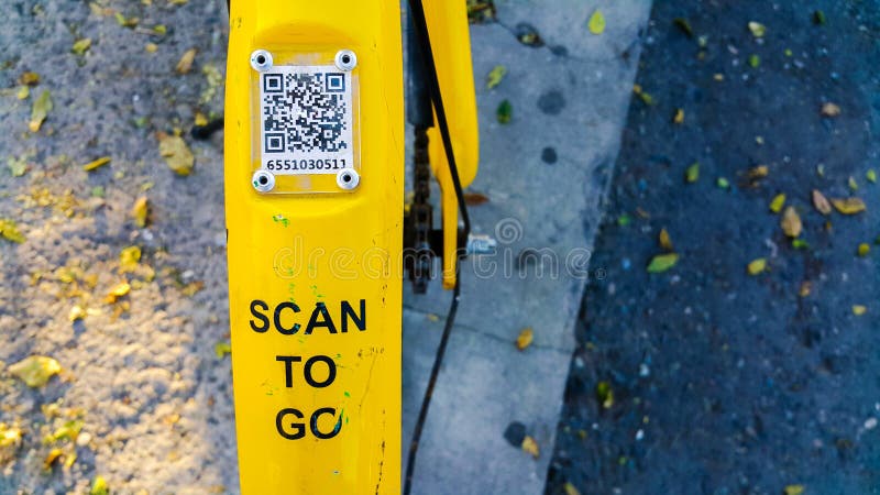 ARMENIA, YEREVAN-OCTOBER 15, 2020. A city Bicycle wheel with an inscription on it, a transition scan, and a QR code icon. The stock photos