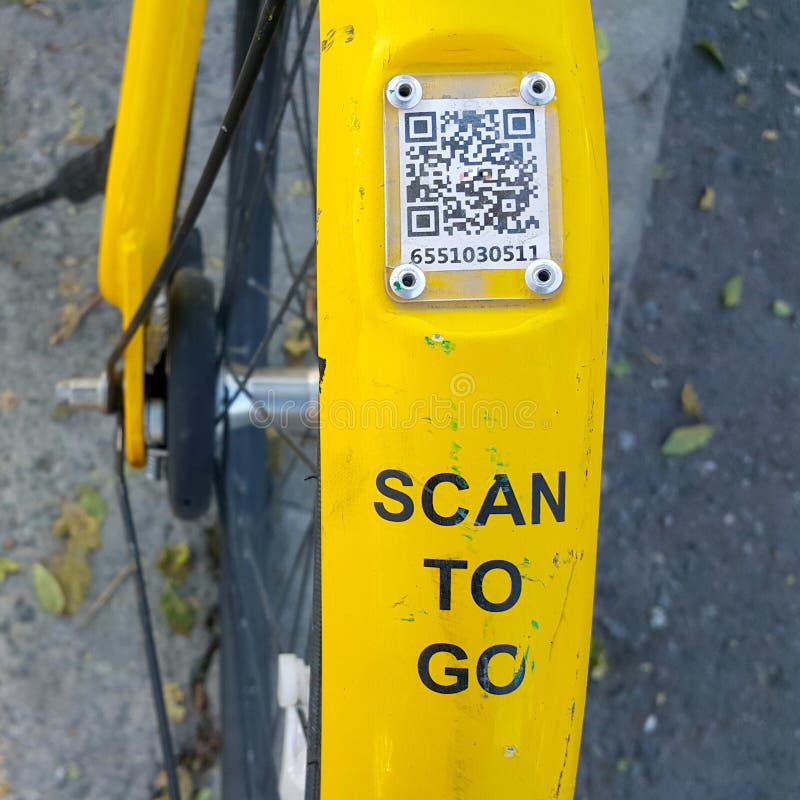 ARMENIA, YEREVAN-OCTOBER 15, 2020. A city Bicycle wheel with an inscription on it, a transition scan, and a QR code icon. The royalty free stock photography