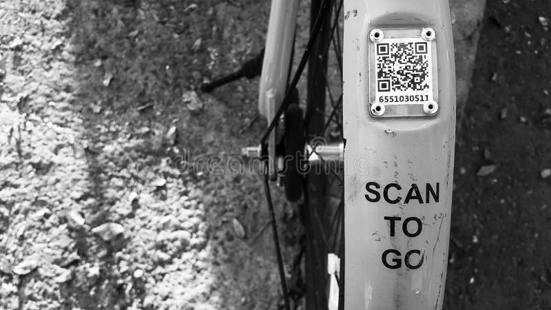 ARMENIA, YEREVAN-OCTOBER 15, 2020. A city Bicycle wheel with an inscription on it, a transition scan, and a QR code icon. The royalty free stock photos